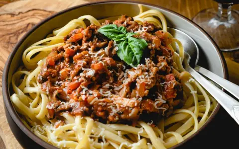Schüssel mit Spaghetti und herzhafter Bolognese-Sauce, garniert mit Basilikum und Parmesan. Ein klassisches italienisches Gericht, das Lust auf mehr macht.