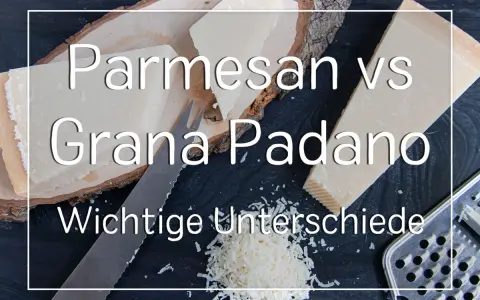 Parmesan vs. Grana Padano: Zwei italienische Hartkäse im Vergleich. Hier siehst du Stücke von Parmesan und Grana Padano, ein Messer und eine Reibe.