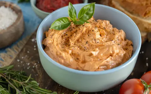 Cremige Tomatenbutter, perfekt für Ihr nächstes Tomatenbutter Rezept. Mit frischem Basilikum garniert und mit Pfeffer bestreut.