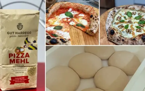 GUT HARDEGG Pizza Mehl, ideal für perfekte Pizzen. Daneben zwei leckere Pizzen und Teiglinge.