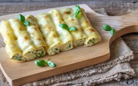 Gebackene Cannelloni mit einer cremigen Füllung und frischem Basilikum, ein köstliches Cannelloni Rezept.