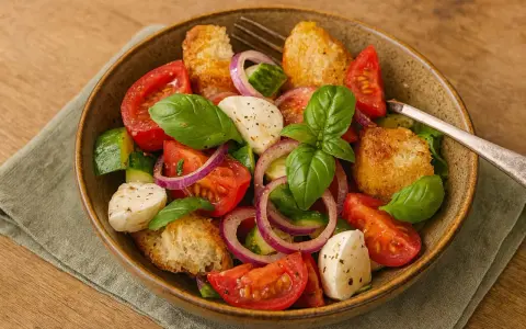 Ein köstlicher italienischer Salat mit Tomaten, Mozzarella, Gurken, roten Zwiebeln und Croutons, garniert mit frischem Basilikum.