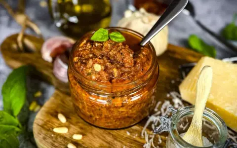 Ein Glas mit rustikalem Balsamico Pesto, garniert mit Basilikum. Daneben Pinienkerne, Knoblauch und Parmesan.