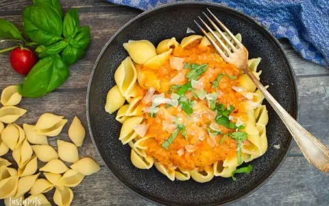 Herzhafte Muschelnudeln mit cremiger Tomaten-Sahne-Sauce, garniert mit frischem Basilikum und Parmesan. Ein Genuss!