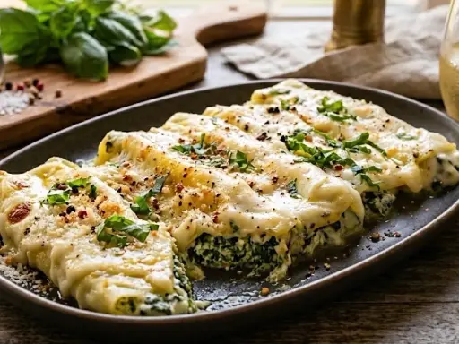 Herzhafte Cannelloni mit Spinatfüllung, überbacken mit cremiger Käsesauce und garniert mit frischen Kräutern. Ein Genuss!