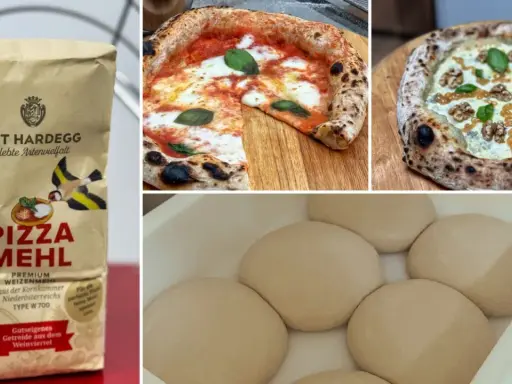 Pizzamehl von Gut Hardegg für perfekten Pizzaboden. Daneben zwei köstliche Pizzen und Teiglinge.