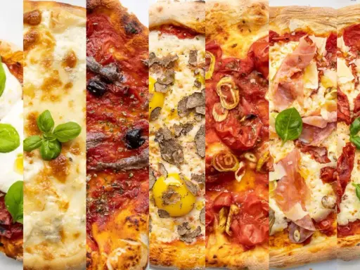 Sechs köstliche Pizza-Kombinationen: Margherita, Sardellen, Trüffel, Tomaten, Prosciutto und getrocknete Tomaten.