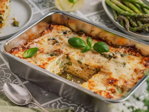 Herzhafte Spargel Lasagne mit geschmolzenem Käse, garniert mit frischem Basilikum. Ein Genuss für jeden Gaumen.