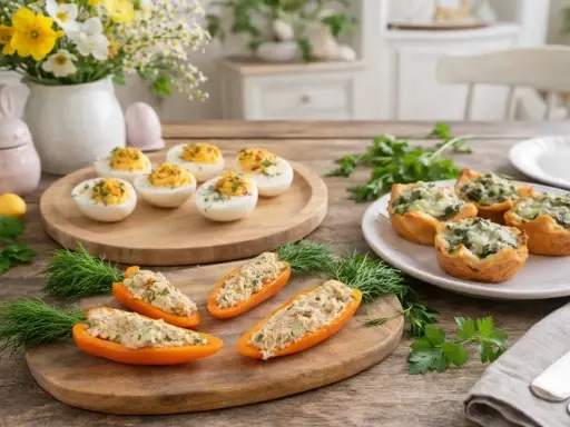 Leckere Vorspeise Ostern: Gefüllte Paprika, gefüllte Eier und herzhafte Törtchen auf einem Holztisch, dekoriert mit Kräutern und Osterhasen.
