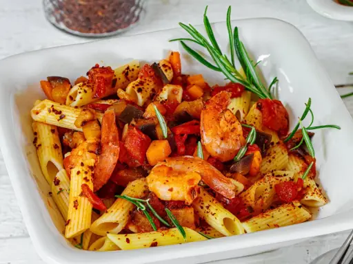 Herzhafte Penne mit saftigen Garnelen, mediterranem Gemüse und frischem Rosmarin. Ein Genuss für alle Sinne!