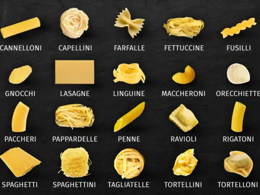 Vielfalt an Nudelsorten: von langen Cannelloni bis zu kleinen Nudeln wie Capellini und Tortellini.
