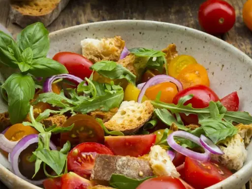 Bunter Tomatensalat mit Brotstücken, Zwiebeln und Basilikum, verfeinert mit einem Hauch Balsamico Dressing.