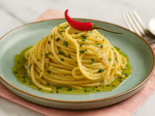 Ein Berg aus Spaghetti aglio e olio, garniert mit einer roten Chilischote und frischer Petersilie, auf einem mintgrünen Teller.