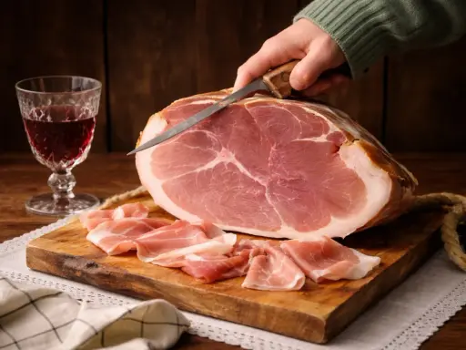 Ein Messer schneidet hauchdünne Scheiben von einem ganzen Schinken, **prosciutto crudo**, auf einem Holzbrett. Daneben ein Glas Rotwein.