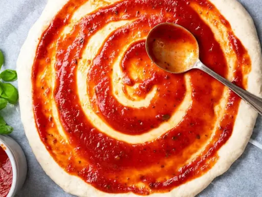 Eine Pizza nur mit Tomatensauce wird mit einer Löffelspirale belegt. Frisches Basilikum liegt daneben.