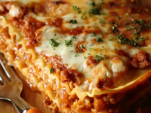Ein Stück Lasagne mit Hackfleisch, geschmolzenem Käse und Kräutern. Perfekt für ein leckeres Lasagne Rezept mit Hackfleisch.
