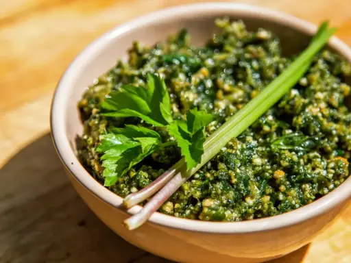Schüssel mit würzigem Giersch Pesto, garniert mit frischen Kräutern auf Holzhintergrund.