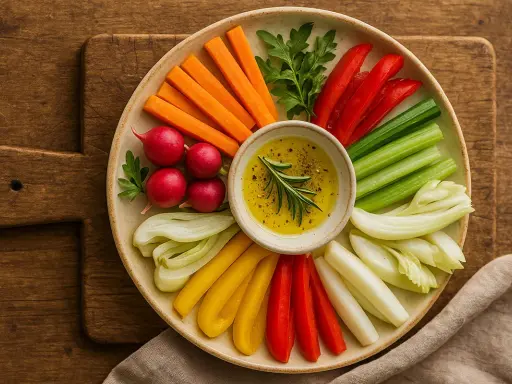 Bunte Gemüsesticks (Karotten, Paprika, Sellerie, Radieschen) mit Dip – tolle Vorspeisen Ideen für jeden Anlass.