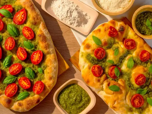 Zwei knusprige Pizzen mit leuchtend grünem Pesto, Kirschtomaten und frischem Basilikum. Daneben Schüsseln mit Pesto und Parmesan.