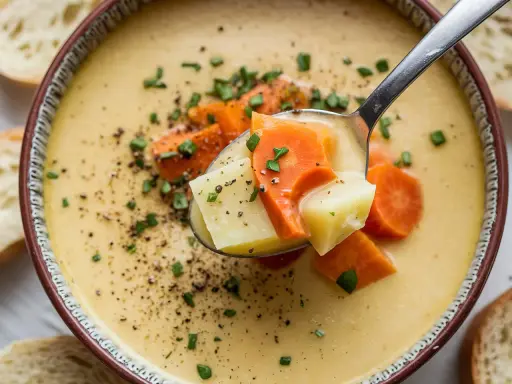 Eine Löffelportion Pastina Suppe mit Karotten und Kartoffeln, garniert mit Schnittlauch und Pfeffer.