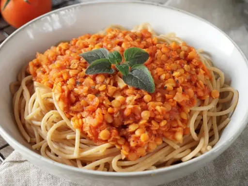 Herzhafte Linsen Bolognese auf Spaghetti, garniert mit frischen Kräutern. Ein köstliches, vegetarisches Gericht.