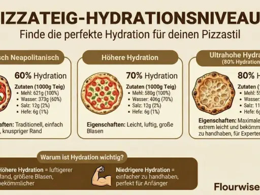 Vergleich von Pizzateig-Hydrationen: 60% (klassisch), 70% (höher) und 80% (ultrahoch). Jede Sektion zeigt Zutaten, inkl. Hefe, und Eigenschaften.