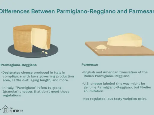 Parmigiano Reggiano vs Parmesan: Ein ganzer Laib und ein Stück Käse zeigen die Unterschiede. Parmigiano ist italienisch, Parmesan oft eine Nachahmung.
