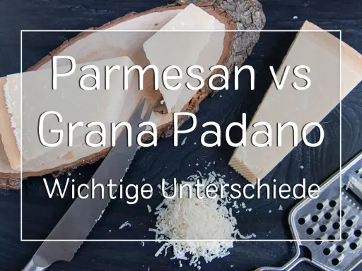 Parmesan vs. Grana Padano: Zwei italienische Hartkäse im Vergleich. Hier siehst du Stücke von Parmesan und Grana Padano, ein Messer und eine Reibe.