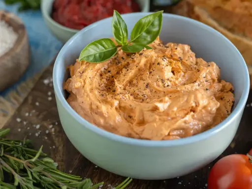 Cremige Tomatenbutter, perfekt für Ihr nächstes Tomatenbutter Rezept. Mit frischem Basilikum garniert und mit Pfeffer bestreut.