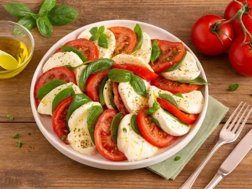 Ein köstlicher Tomate Mozzarella Salat, kunstvoll arrangiert mit frischem Basilikum und beträufelt mit Olivenöl.