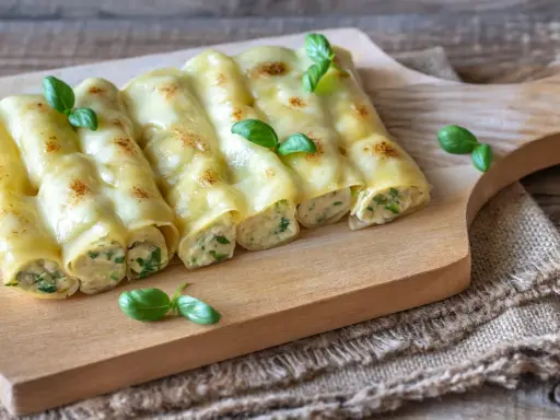 Gebackene Cannelloni mit einer cremigen Füllung und frischem Basilikum, ein köstliches Cannelloni Rezept.