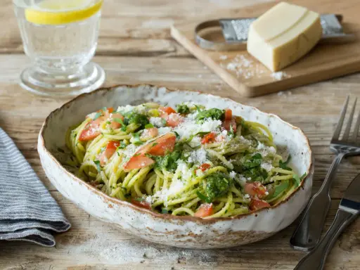 Spaghetti mit frischem Sauerampfer Pesto, Tomatenstücken und geriebenem Parmesan. Ein erfrischendes Gericht, das Lust auf mehr macht.