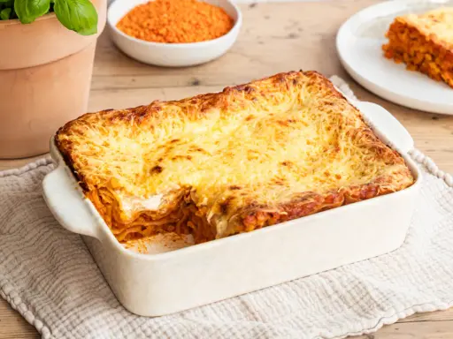 Herzhafte Linsen Lasagne mit goldbraun überbackener Käseschicht, daneben eine Schüssel roter Linsen und ein Teller mit einem Stück Lasagne.