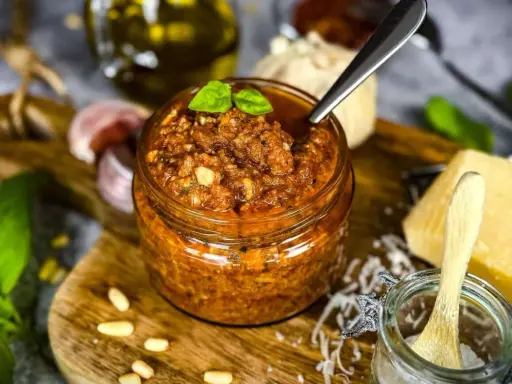 Ein Glas mit rustikalem Balsamico Pesto, garniert mit Basilikum. Daneben Pinienkerne, Knoblauch und Parmesan.