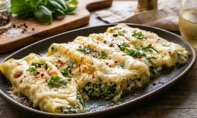 Herzhafte Cannelloni mit Spinatfüllung, überbacken mit cremiger Käsesauce und garniert mit frischen Kräutern. Ein Genuss!