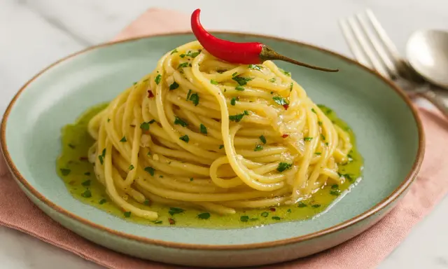 Ein Berg aus Spaghetti aglio e olio, garniert mit einer roten Chilischote und frischer Petersilie, auf einem mintgrünen Teller.