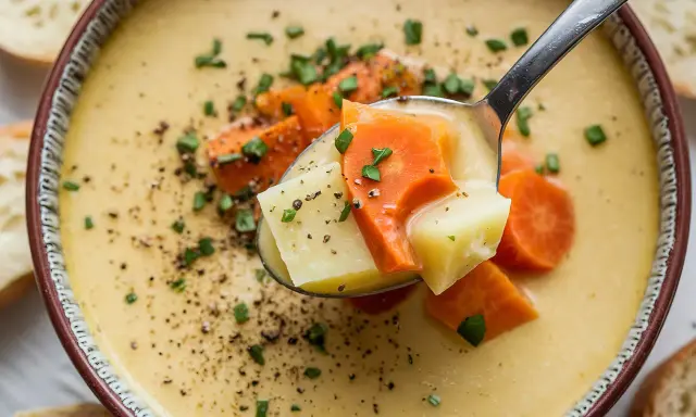 Eine Löffelportion Pastina Suppe mit Karotten und Kartoffeln, garniert mit Schnittlauch und Pfeffer.
