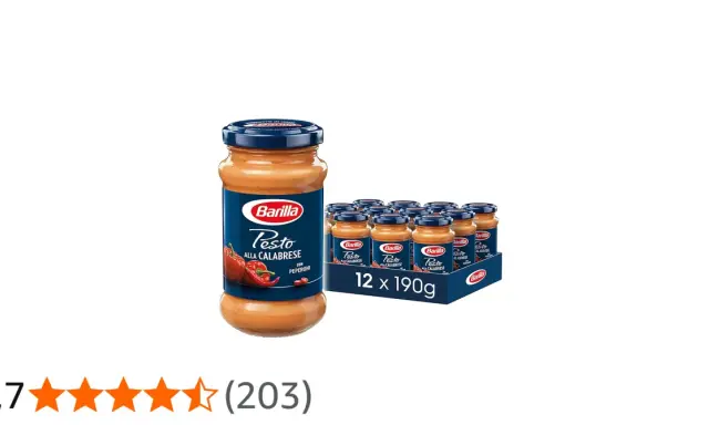 Barilla Pesto alla Calabrese mit Peperoni, ein Glas und eine Packung mit 12 Gläsern.