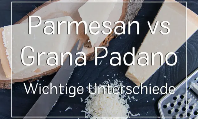 Parmesan vs. Grana Padano: Zwei italienische Hartkäse im Vergleich. Hier siehst du Stücke von Parmesan und Grana Padano, ein Messer und eine Reibe.
