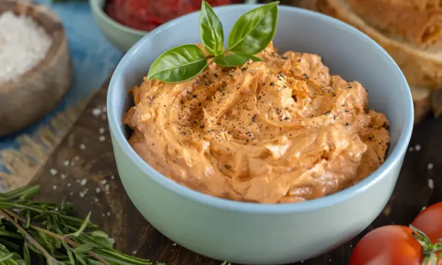 Cremige Tomatenbutter, perfekt für Ihr nächstes Tomatenbutter Rezept. Mit frischem Basilikum garniert und mit Pfeffer bestreut.