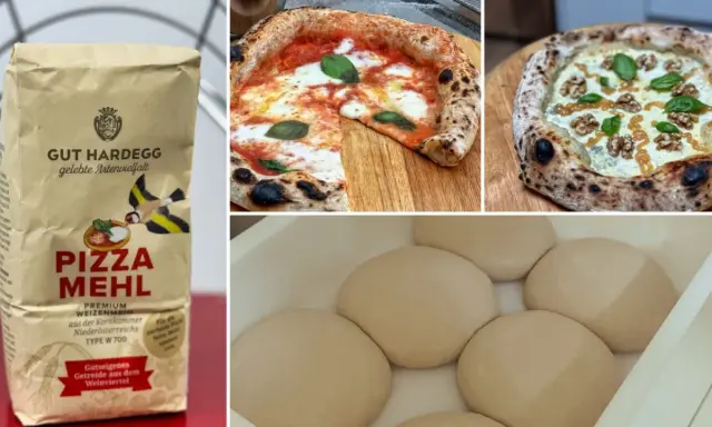 GUT HARDEGG Pizza Mehl, ideal für perfekte Pizzen. Daneben zwei leckere Pizzen und Teiglinge.