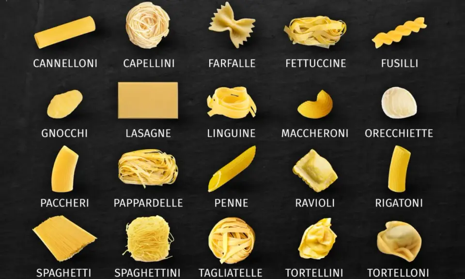 Vielfalt an Nudelsorten: von langen Cannelloni bis zu kleinen Nudeln wie Capellini und Tortellini.
