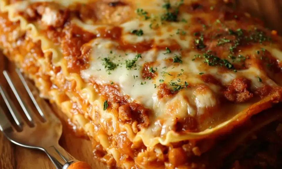 Ein Stück Lasagne mit Hackfleisch, geschmolzenem Käse und Kräutern. Perfekt für ein leckeres Lasagne Rezept mit Hackfleisch.
