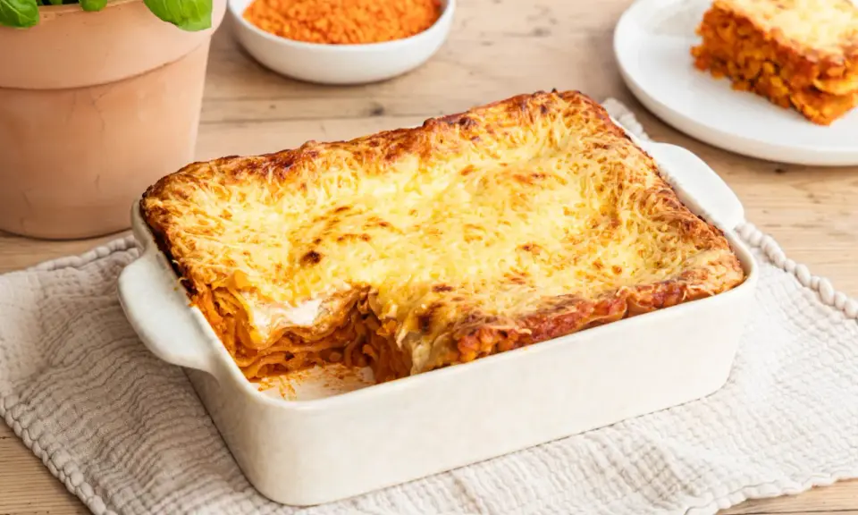 Herzhafte Linsen Lasagne mit goldbraun überbackener Käseschicht, daneben eine Schüssel roter Linsen und ein Teller mit einem Stück Lasagne.