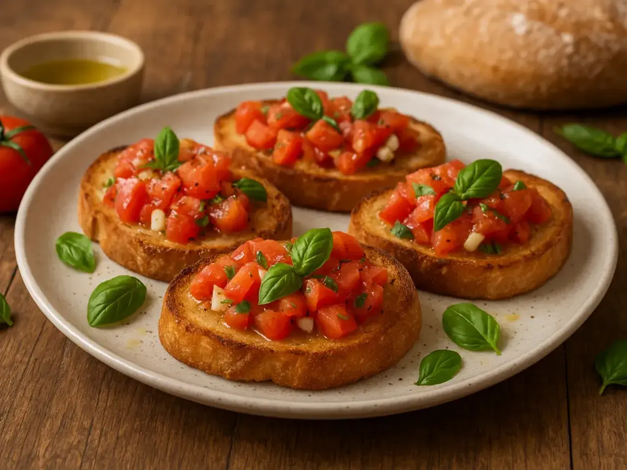 Vier knusprige Bruschetta-Scheiben mit frischen Tomaten, Knoblauch und Basilikum. Ein einfaches bruschetta rezept für den Sommer.