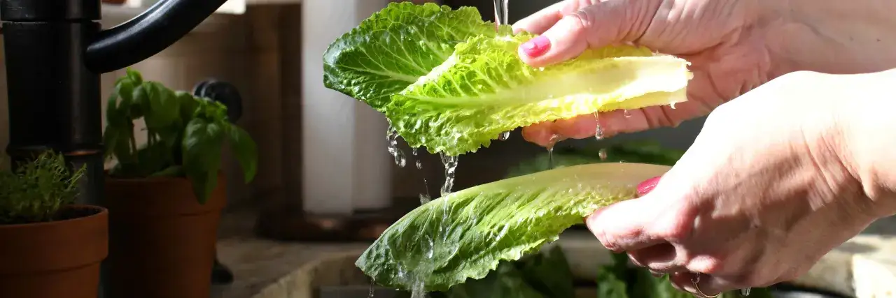 H&auml;nde waschen knackige Romana Salatbl&auml;tter unter flie&szlig;endem Wasser. Frische Kr&auml;uter im Hintergrund.