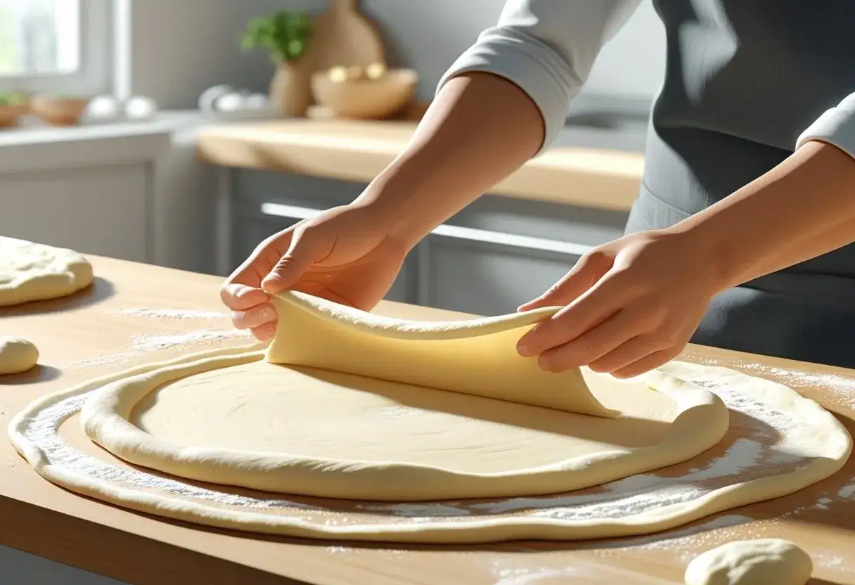 H&auml;nde formen einen runden pizzateig, der sich geschmeidig zusammenzieht. Mehlstaub liegt auf dem Holztisch.