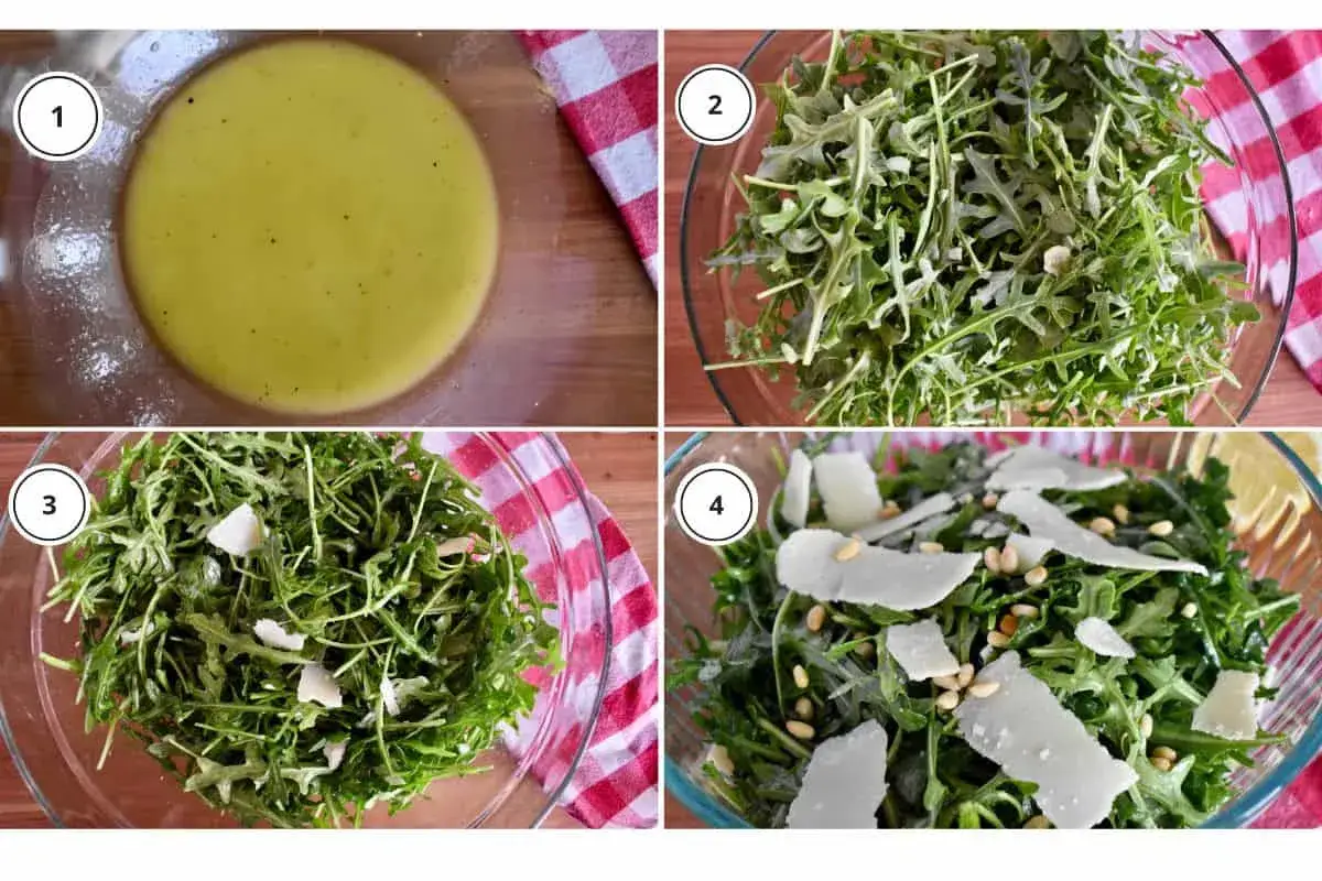 Vier Schritte zur Zubereitung eines köstlichen Rucola Salats mit Parmesan und Pinienkernen.