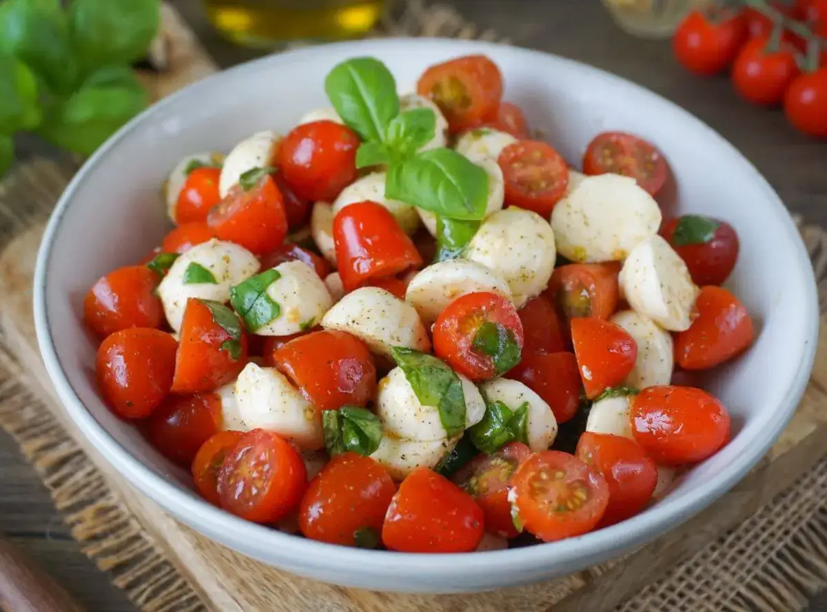 Tomate Mozzarella Salat mit frischem Basilikum, garniert mit Pfeffer. Ein leichter und leckerer Genuss.