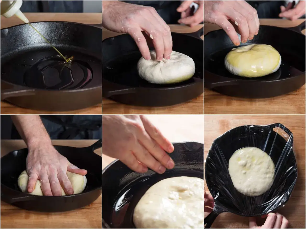 Pizzateig aus Pizzamehl wird in einer Gusseisenpfanne mit &Ouml;l vorbereitet, geknetet und abgedeckt.